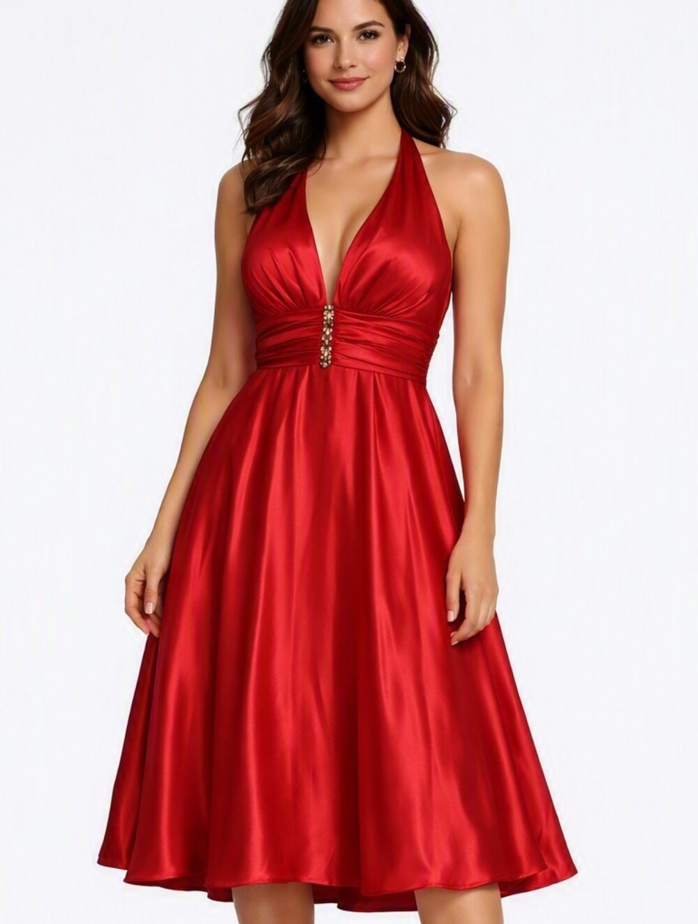 Radiant Red Satin Halter Mini Dress Luxe Crystal Waist and Runway Gloss Chic